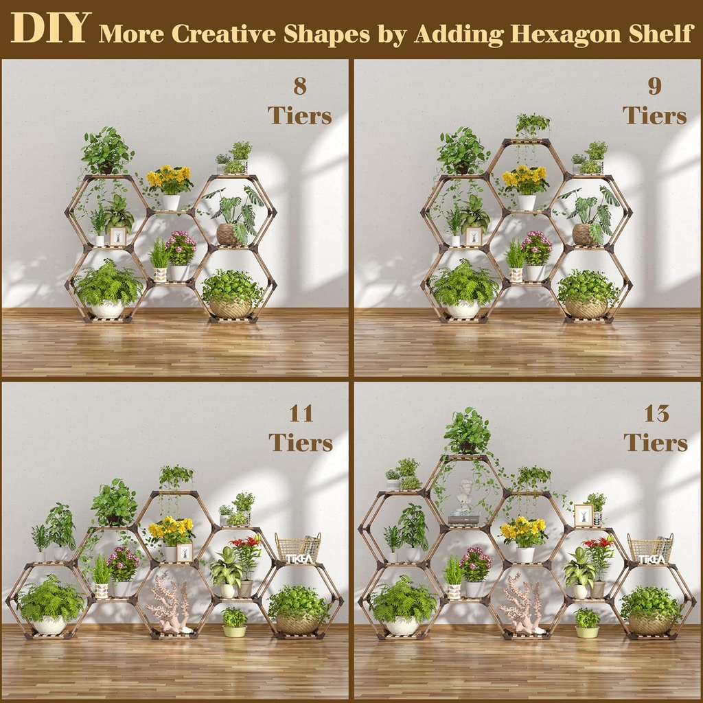 Tikea Plant Stand Indoor Outdoor Hexagonal Plant Stand for Multiple Plants Indoor Large Wooden Plant Shelf 7 Tiered Creative DIY Flowers Stand Rack for Living Room Balcony Patio Window