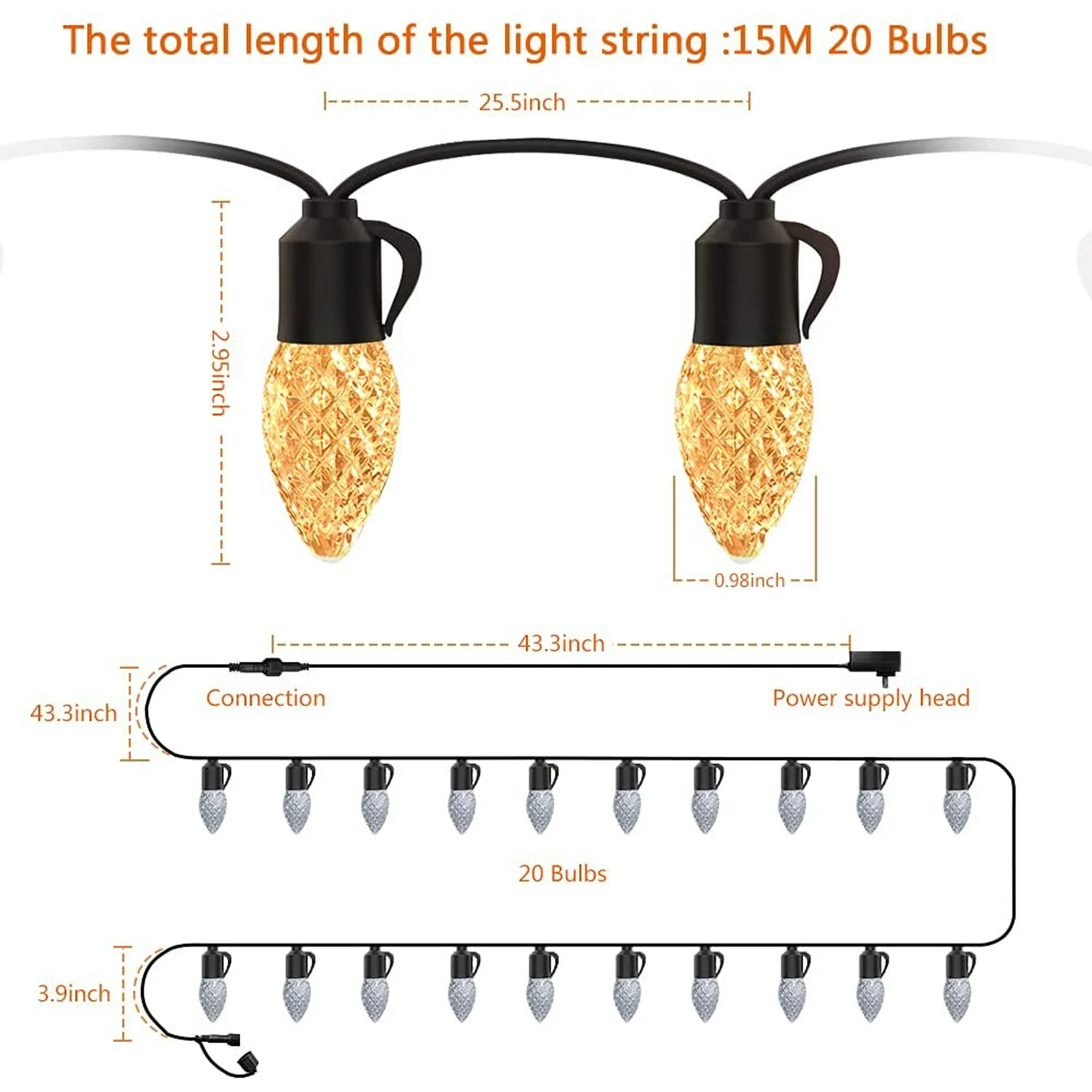 Outdoor String Lights 49ft Shatterproof LED Outdoor Lights Waterproof Patio String Light with 20pcs C35 Bulbs Commercial Hanging Light for Cafe Bistro Garden Deck Backyard Balcony Party Decor