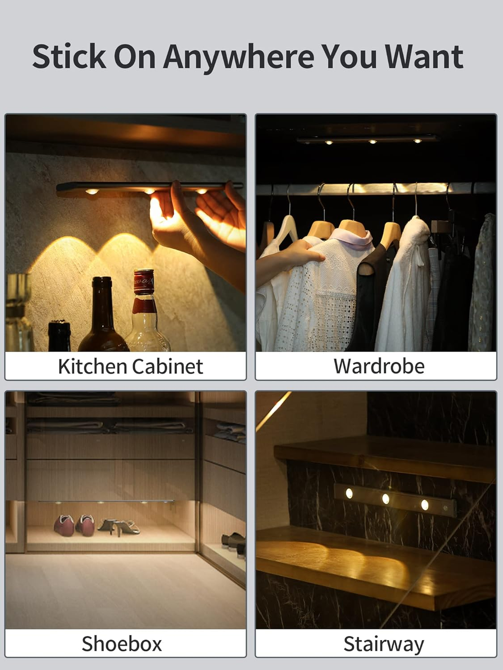 3 Color Dimmable Motion Sensor Under Cabinet Lights Wireless,1500mAh Rechargeable Battery Operated LED Closet Light Bar, Stick on Anywhere Under Cabinet Lighting for Kitchen, Stair, Wardrobe,15.35"