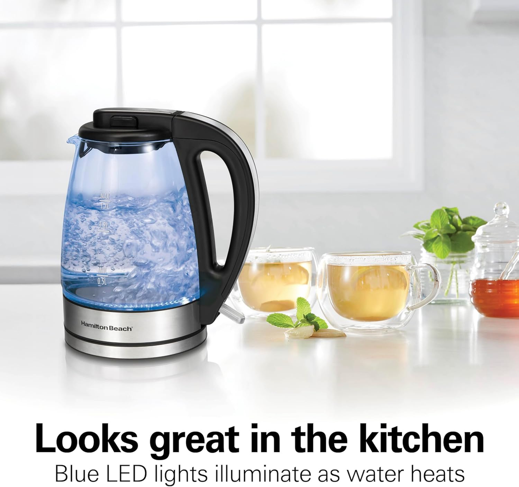 Open Box Hamilton Beach 1.7L Electric Glass Kettle, 1500W Fast Boiling Water Boiler with LED Indicator, Mesh Filter, Auto Shut-Off and Boil-Dry Protection, Black