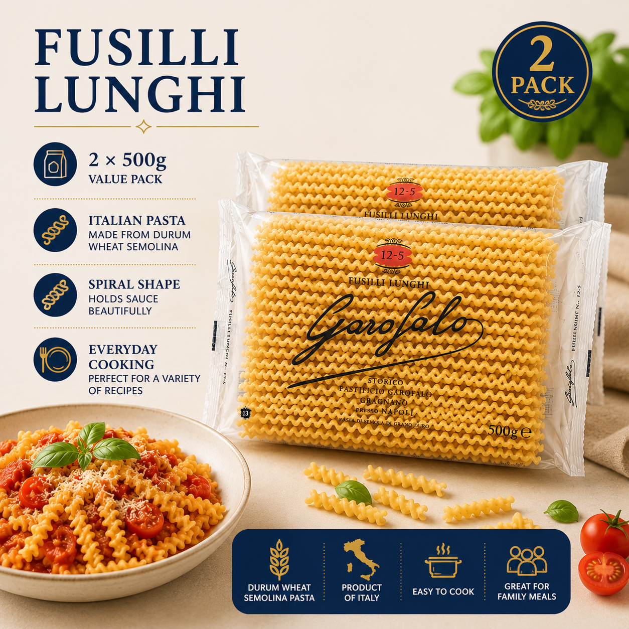 Fusilli Lunghi Pasta, 2-Pack Durum Wheat Semolina Pasta, Spiral Pasta, 500g Each