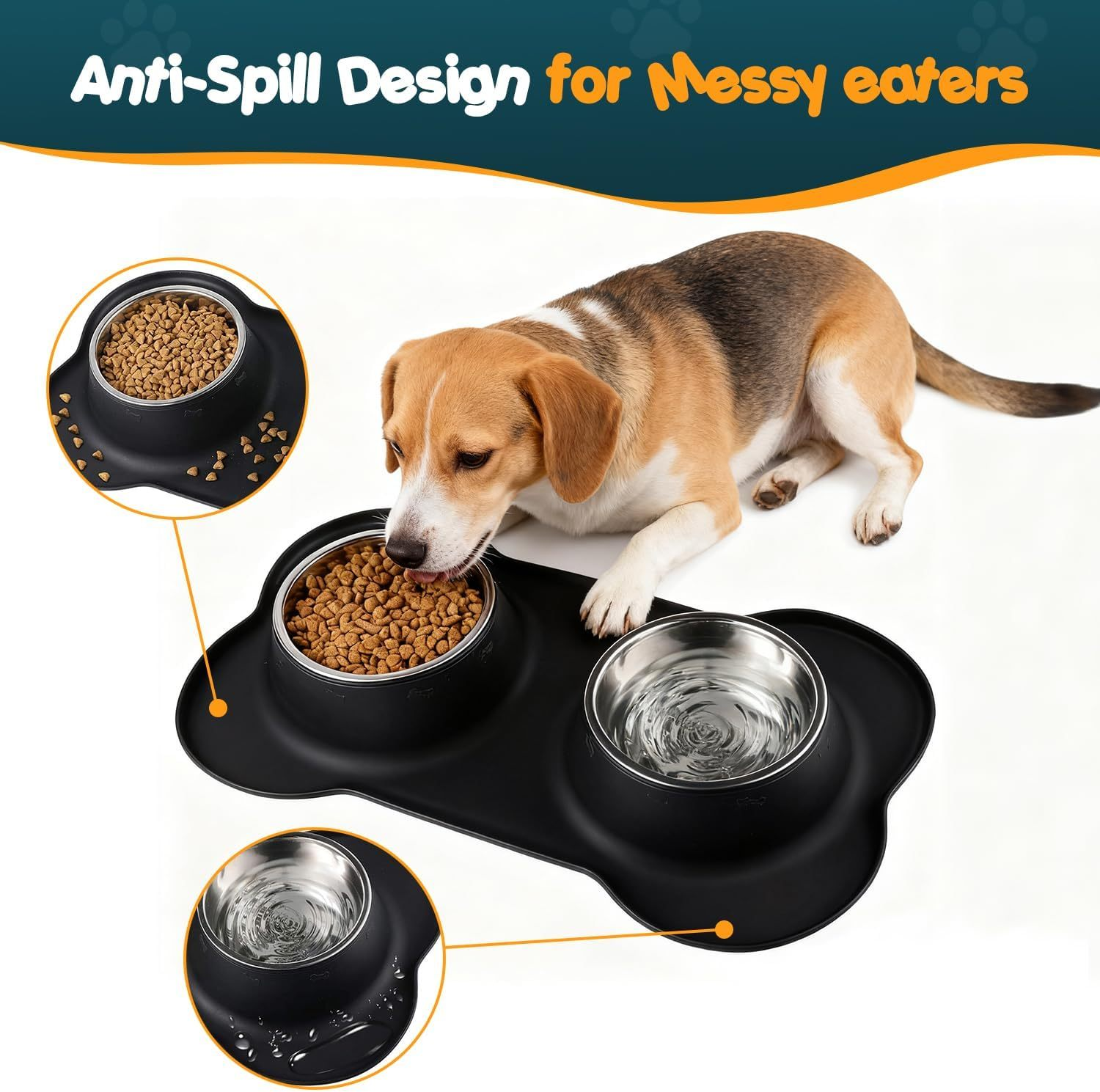 Double Dog Bowl Set with Silicone Mat – Stainless Steel Pet Food and Water Bowls for Small Dogs