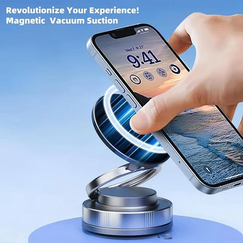 360° Adjustable Magnetic Car Phone Holder with Vacuum Suction Base, Foldable Dashboard Mount – Black