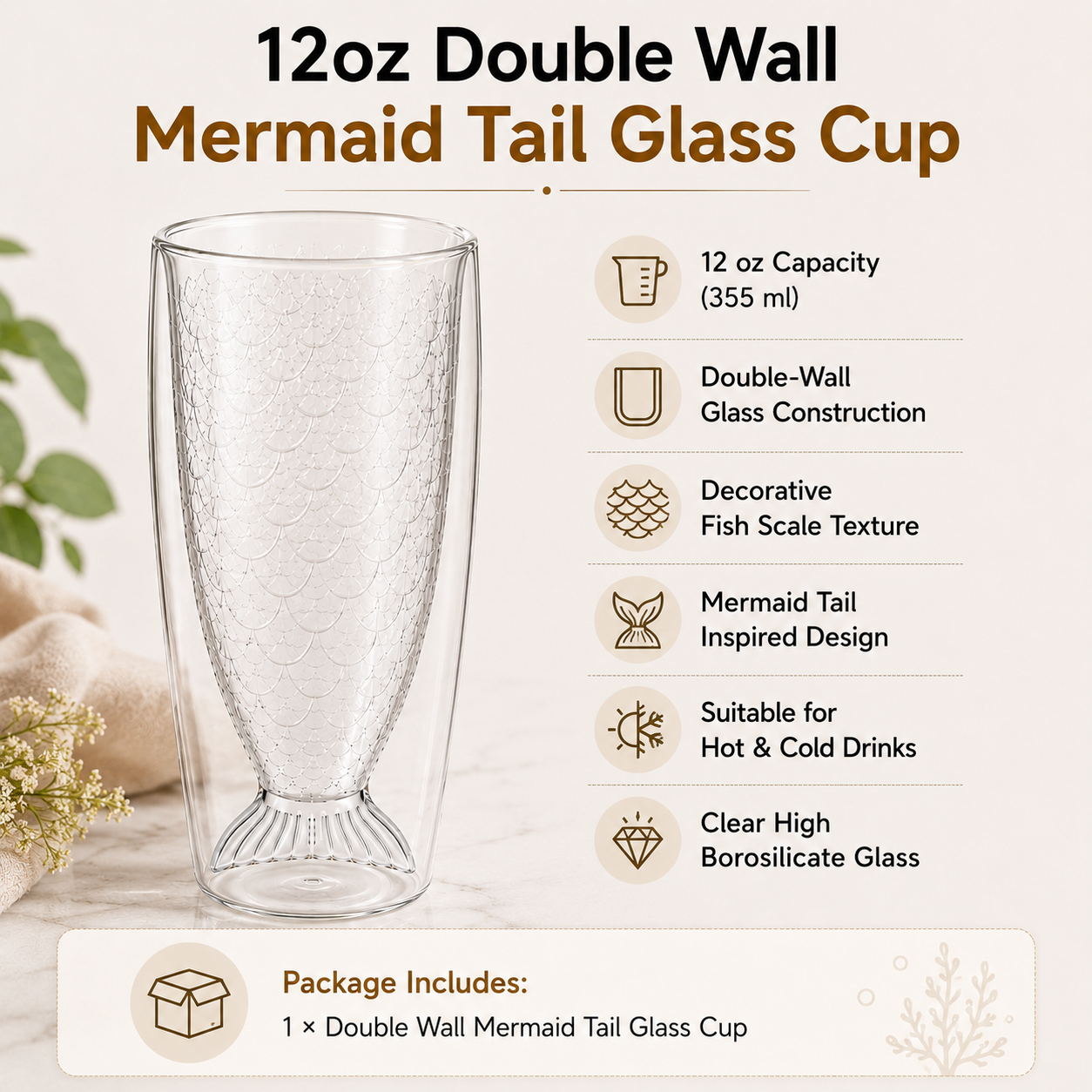 Mermaid Tail Double Wall Glass Cup, 12oz (355ml) Fish Scale Drinking Glass for Hot & Cold Beverages