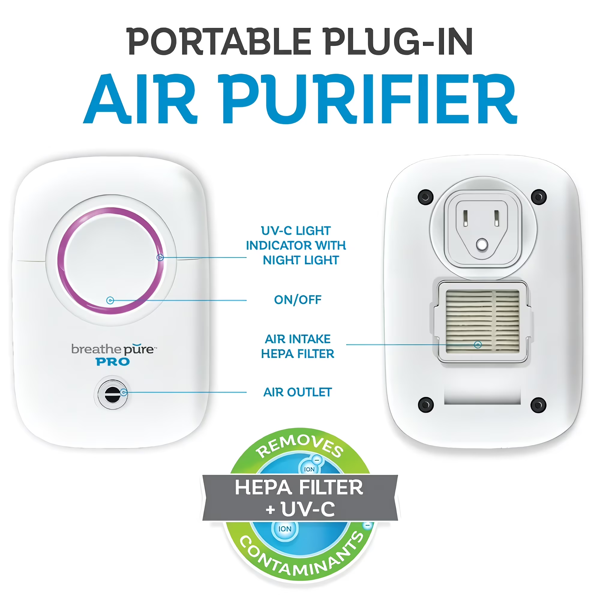 Portable Plug-In Air Purifier with HEPA Filter, UV-C Light and Night Light, Compact Odor Reducer for Bedroom, Kitchen, Office, White