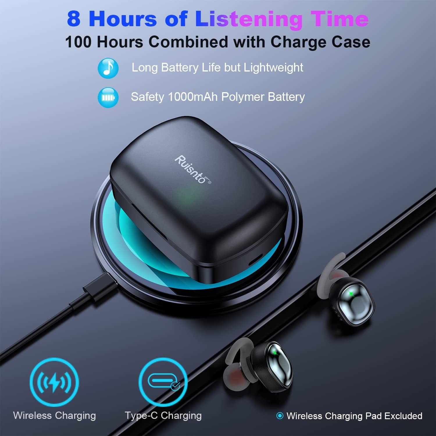 Ruinsto Waterproof Wireless Earbuds – Sports Bluetooth Earphones with Charging Case, Dynamic Bass & Touch Control