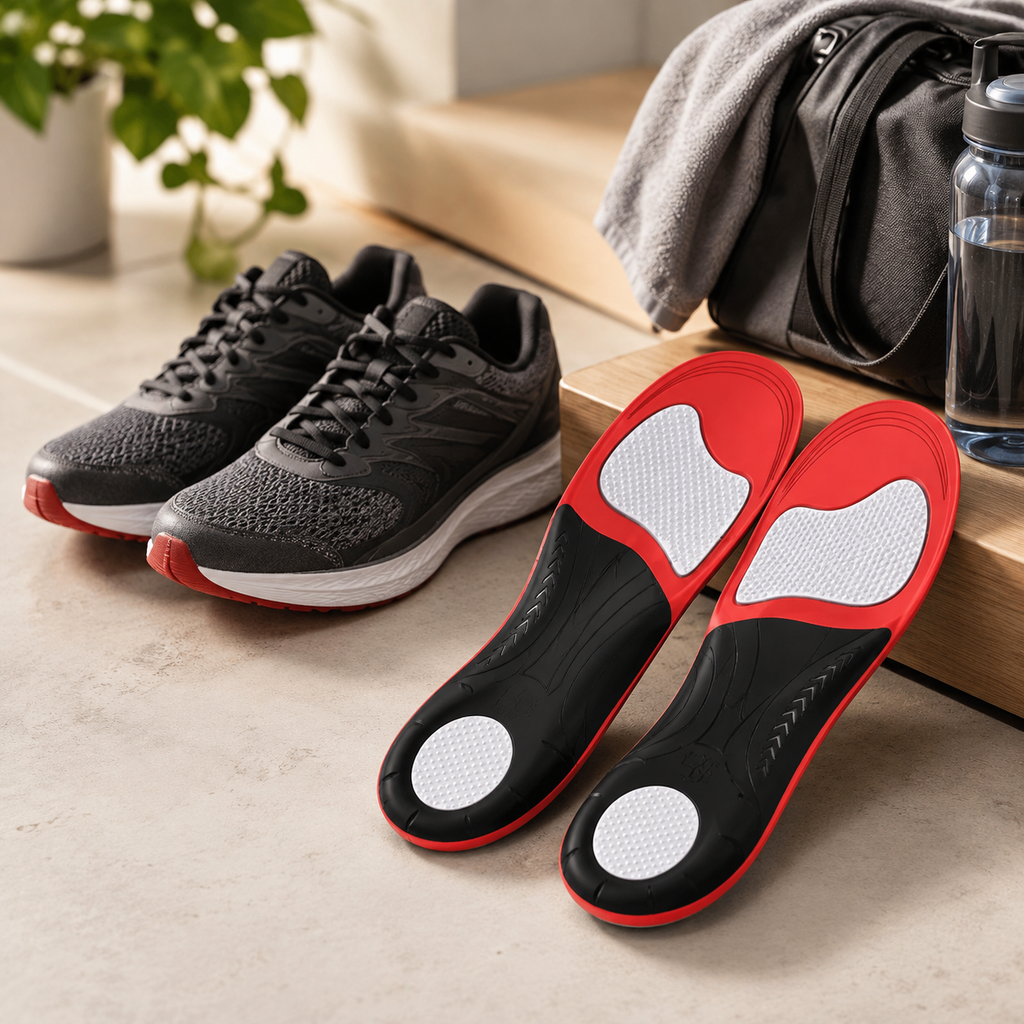 Full-Length Supportive Gel Insoles with Cushioned Heel and Breathable Fabric for Everyday Shoes, Red & Black