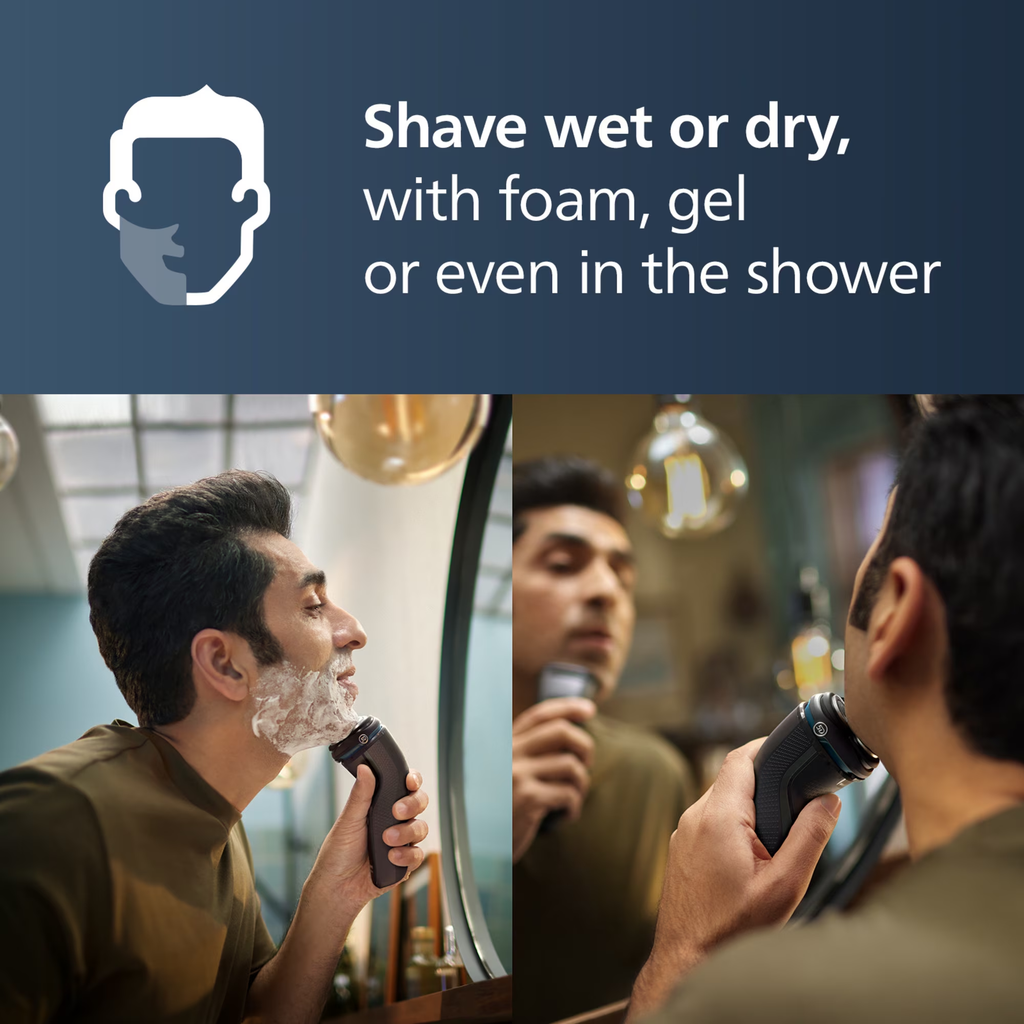 Philips Series 3000 Wet & Dry Rotary Electric Shaver with 5D Flex Heads, USB Charging & Protective Cap - Black