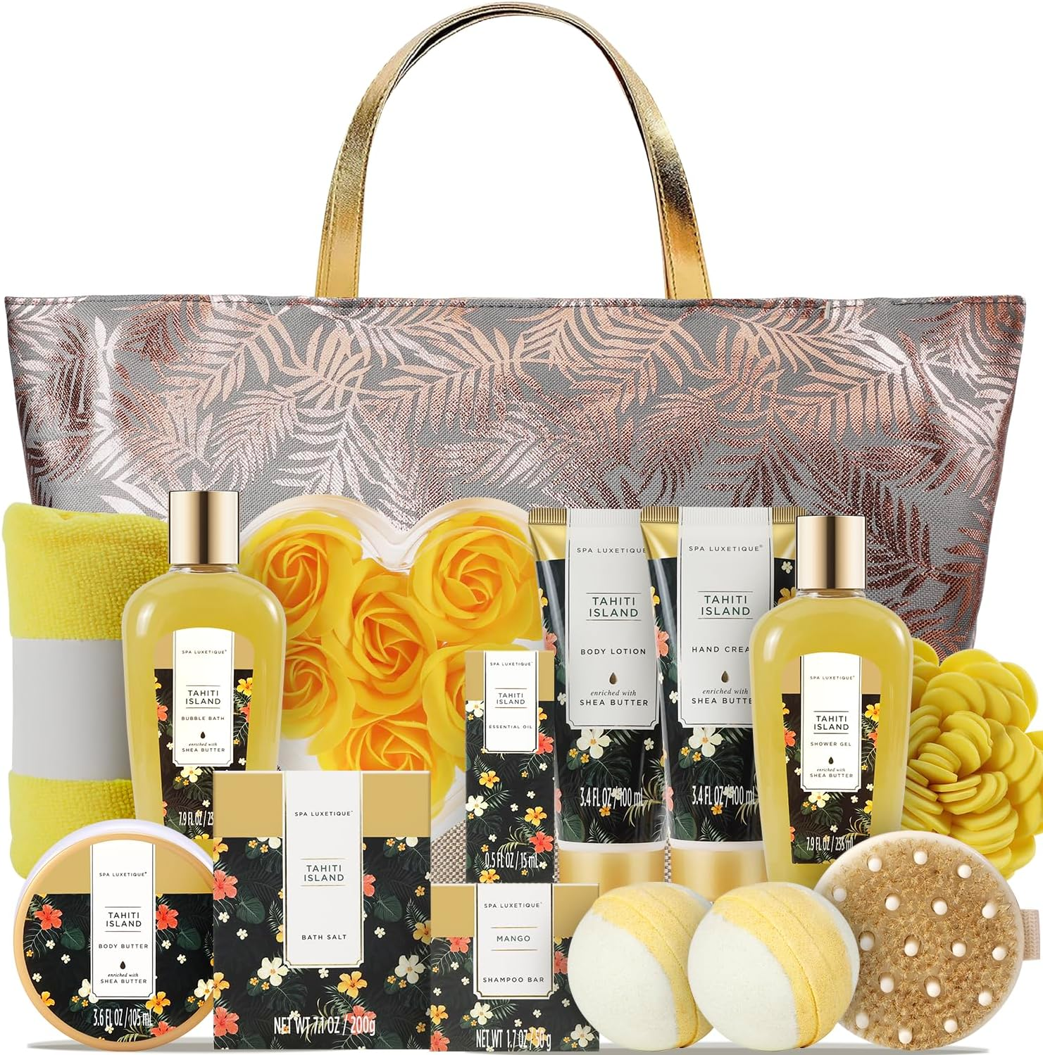 15-Piece Women’s Bath and Body Gift Set with Tote Bag, Bath Bombs, Body Lotion, Hand Cream and Bath Accessories, Tahiti Island Scent