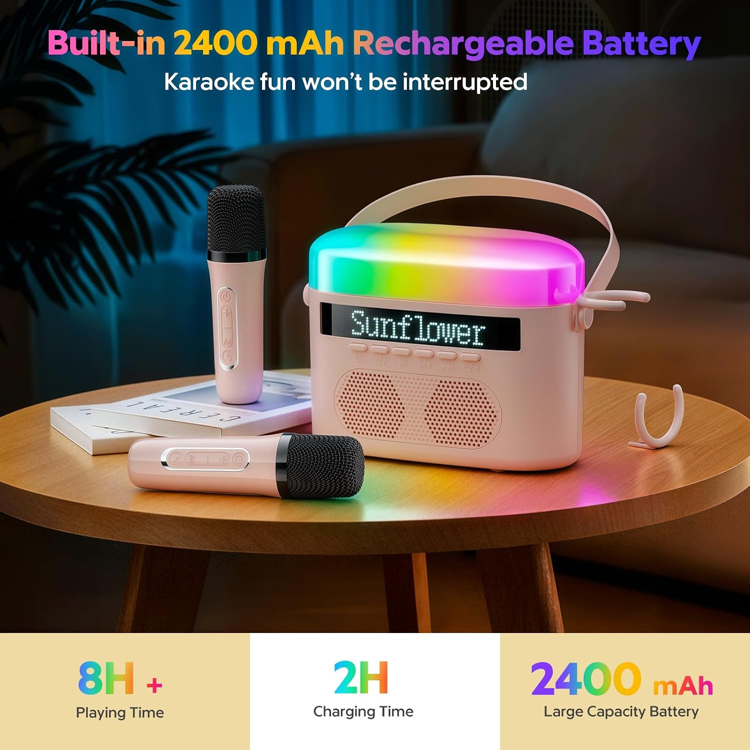 Portable Mini Bluetooth Karaoke Machine with 2 Wireless Microphones, LED Lights and Voice Effects – Pink