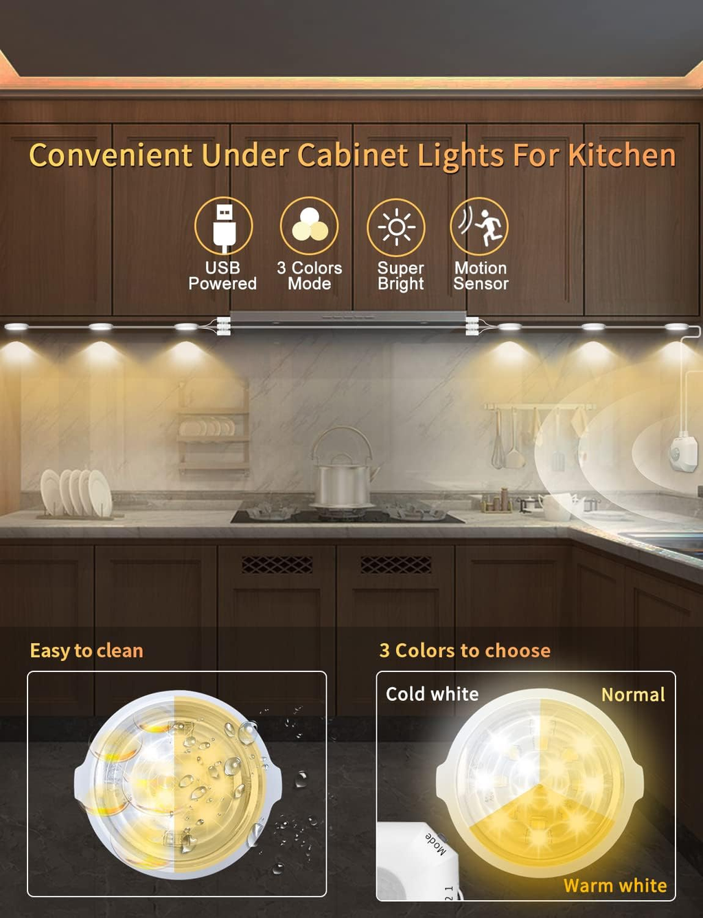 8-Pack LED Under-Cabinet Puck Lights with Motion Sensor, USB-Powered Cabinet and Closet Lighting, 3 Colour Modes, White