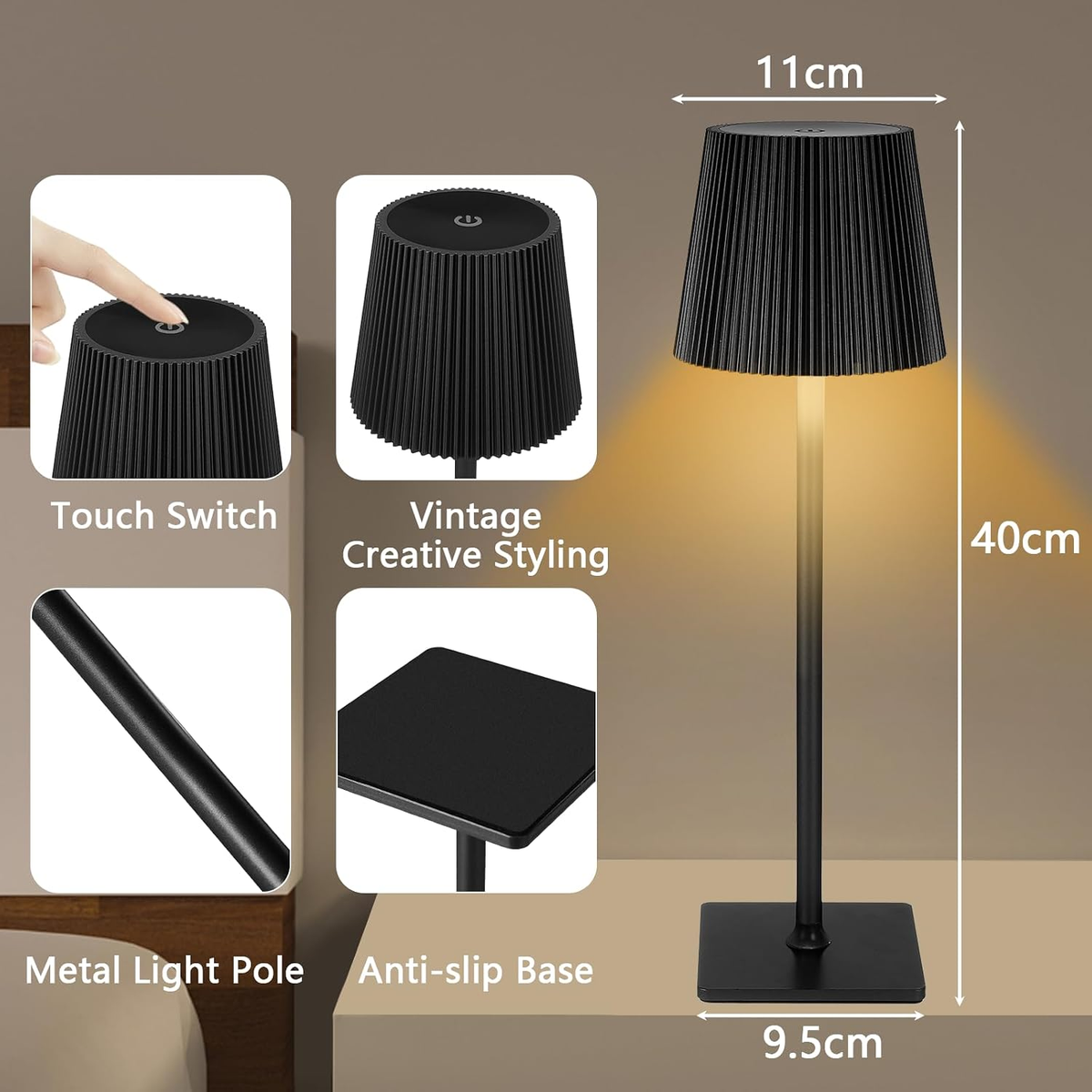 Cordless Rechargeable LED Table Lamps, Set of 2, Touch Dimmable, 3 Light Colours, IP54 Water-Resistant – Black