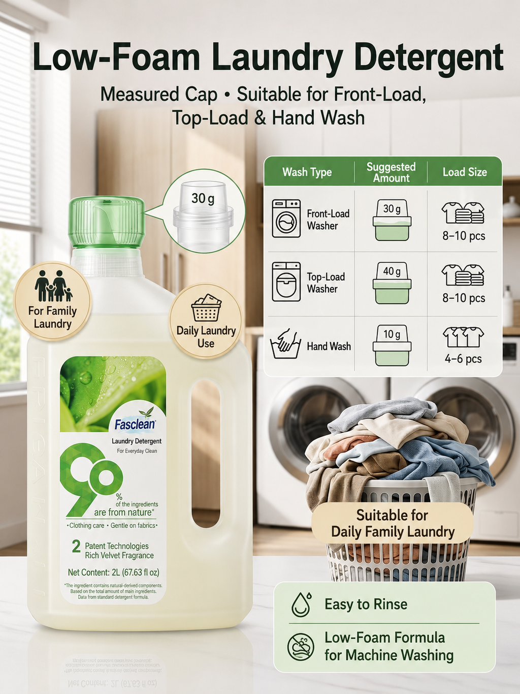 Fasclean 90% Natural Ingredient Laundry Detergent, 2L Liquid Laundry Soap for Machine Wash & Hand Wash, Gentle Formula for Clothes