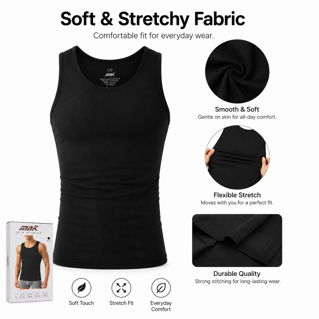 Men’s Pro Stretch Sleeveless Tank Top, Soft Fitted Cotton Undershirt, Black, Sizes S–L
