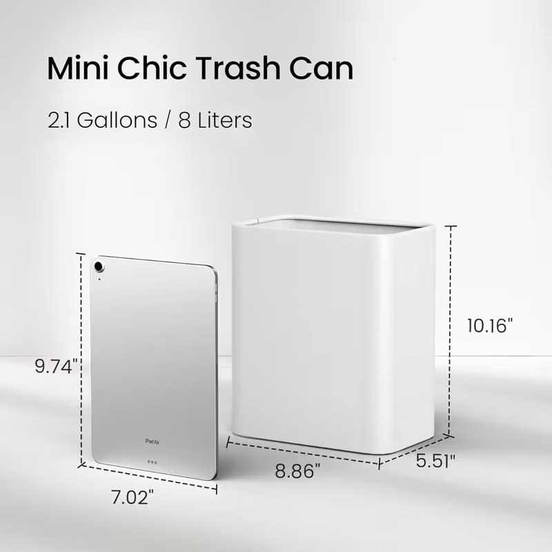 Modern Stainless Steel Bathroom Trash Can – Small Metal Waste Basket for Bedroom, Office, Kitchen (Silver / White)