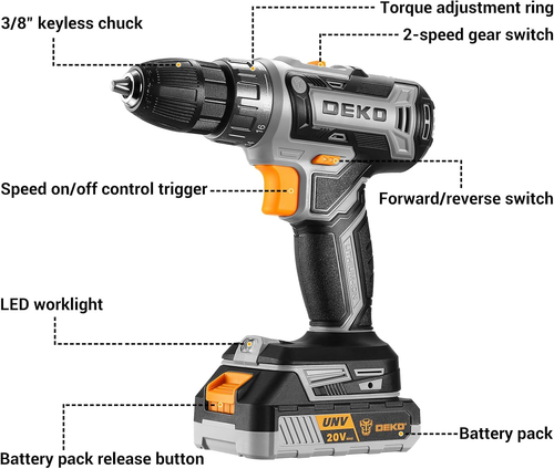 AZMERA 20V Cordless Power Drill Set with Battery & Charger – Electric Drill Driver Kit