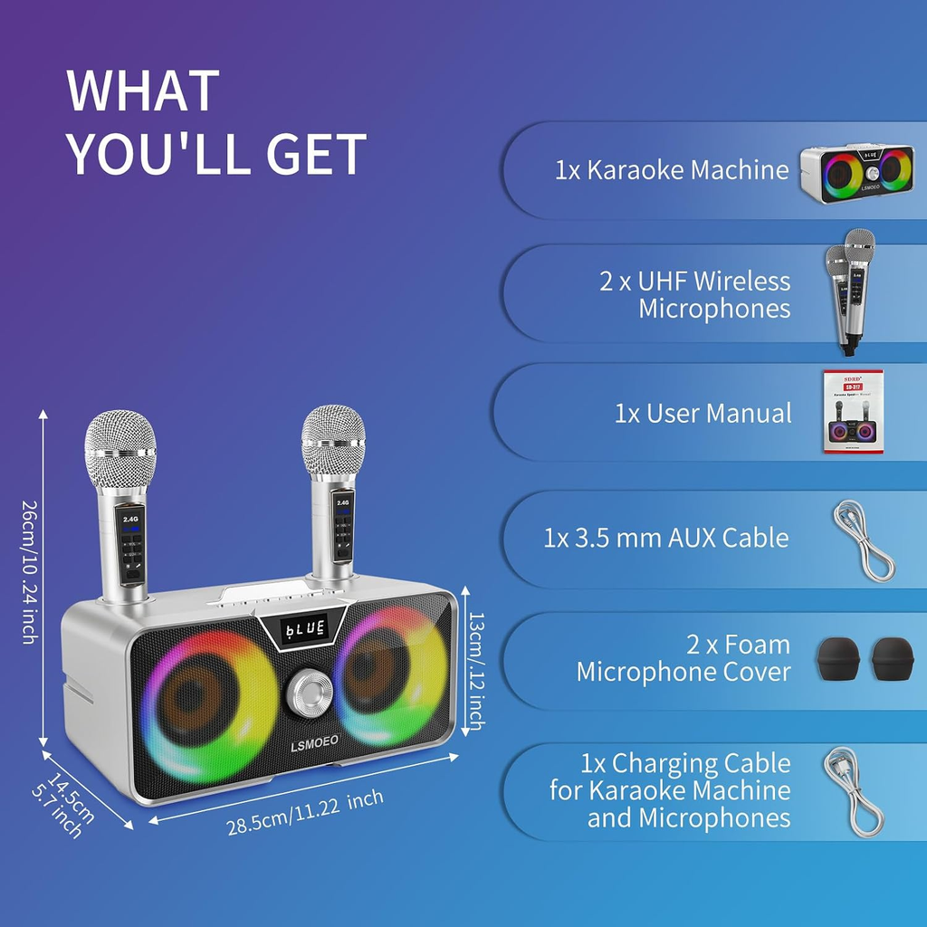Portable Bluetooth Karaoke Machine with 2 UHF Wireless Microphones, LED Party Lights and Phone Holder – Grey