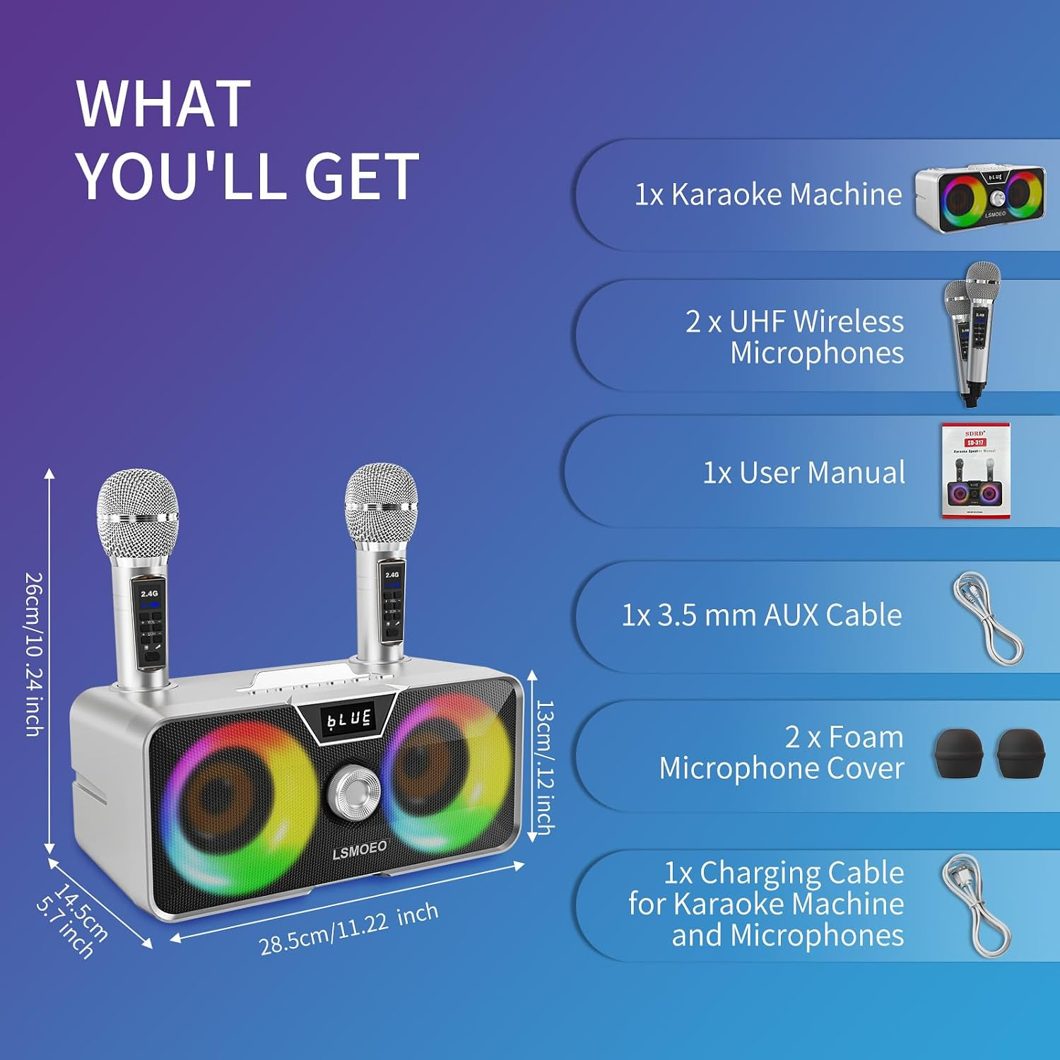 Portable Bluetooth Karaoke Machine with 2 UHF Wireless Microphones, LED Party Lights and Phone Holder – Grey