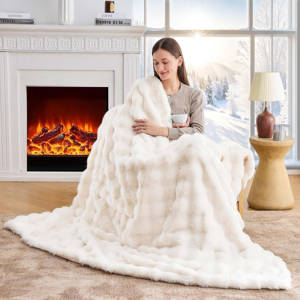 Faux Rabbit Fur Heated Blanket with Adjustable Heat & Timer – 3 Sizes