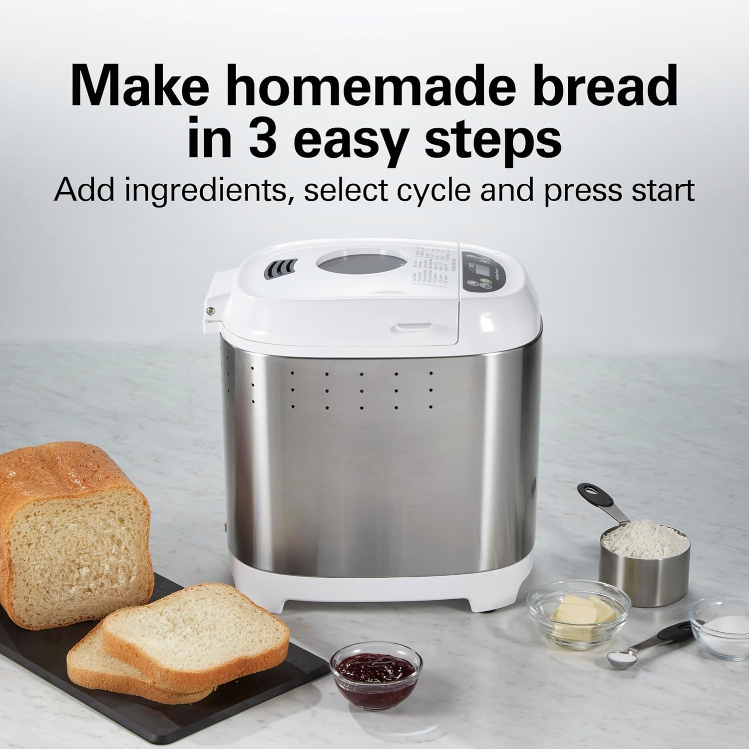 Open Box Hamilton Beach Digital Bread Maker with 14 Programs, 1-2 lb Loaf Capacity, 3 Crust Settings & Delay Timer - White/Stainless Steel