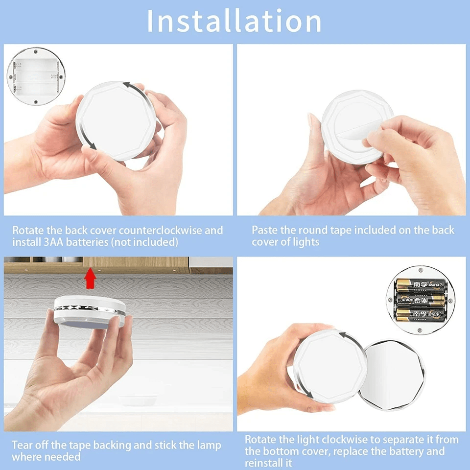 6-Pack LED Puck Lights with Remote – Battery Powered Under Cabinet Lights, Dimmable Touch Control & Timer