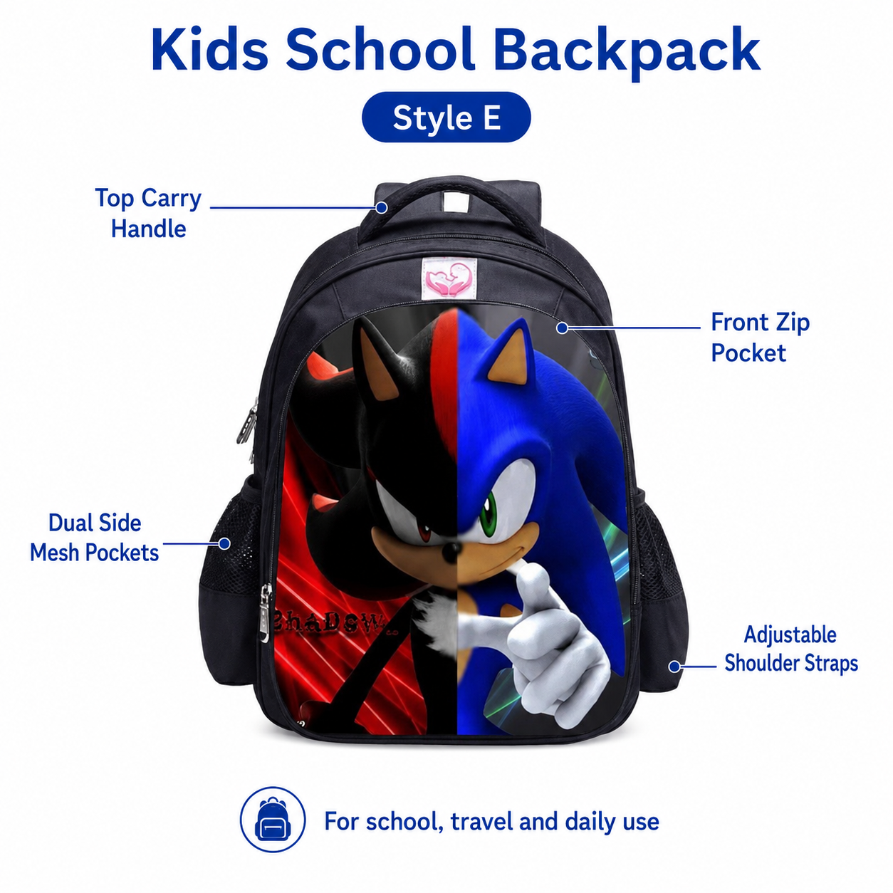 Kids School Backpack, Cartoon Character Print Bookbag with Front Zip Pocket and Dual Side Mesh Pockets, 16.5 x 12.6 x 6.7 in, Style E