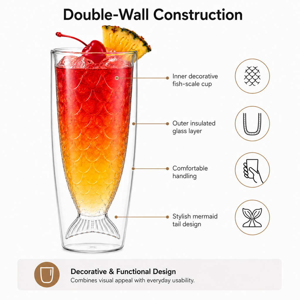 Mermaid Tail Double Wall Glass Cup, 12oz (355ml) Fish Scale Drinking Glass for Hot & Cold Beverages