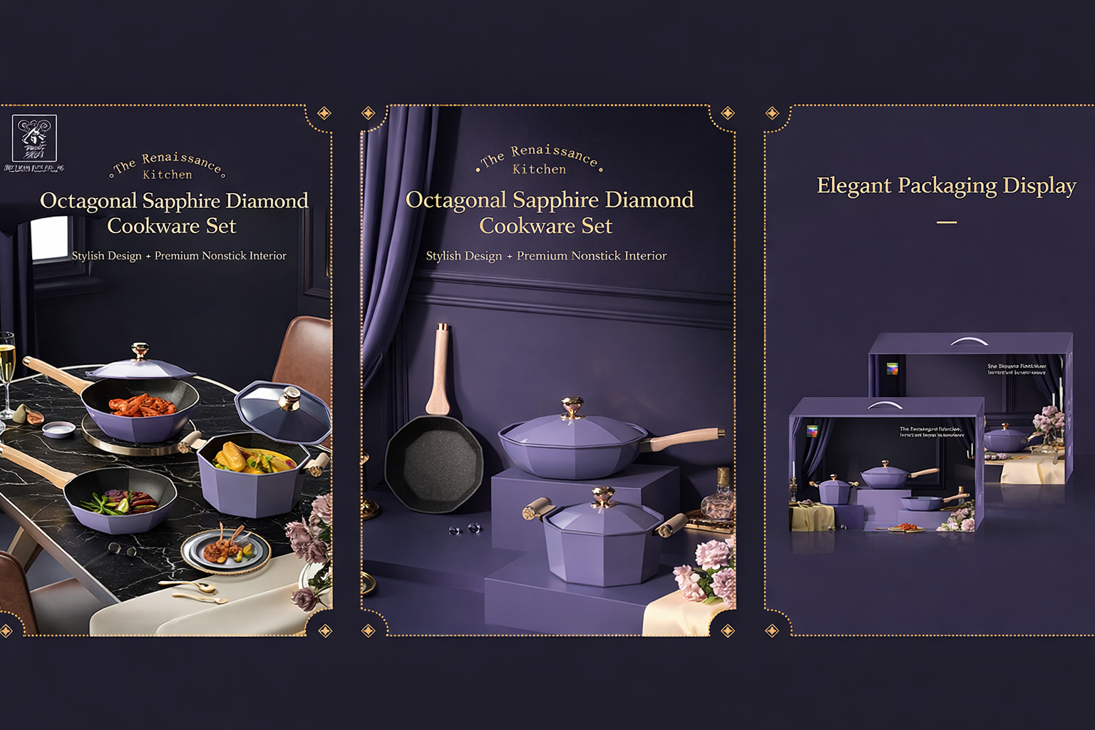 3-Piece Octagonal Nonstick Cookware Set – Lavender Purple Kitchen Pots & Pan Set with Lid, Premium Multi-Layer Bottom, Elegant Sapphire Diamond Design