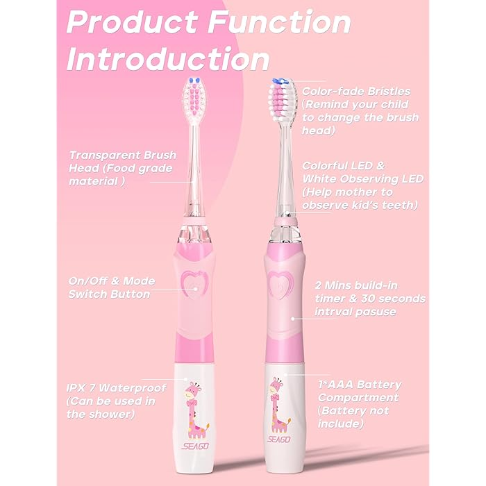 SEAGO Kids Electric Toothbrush with LED Rainbow Light