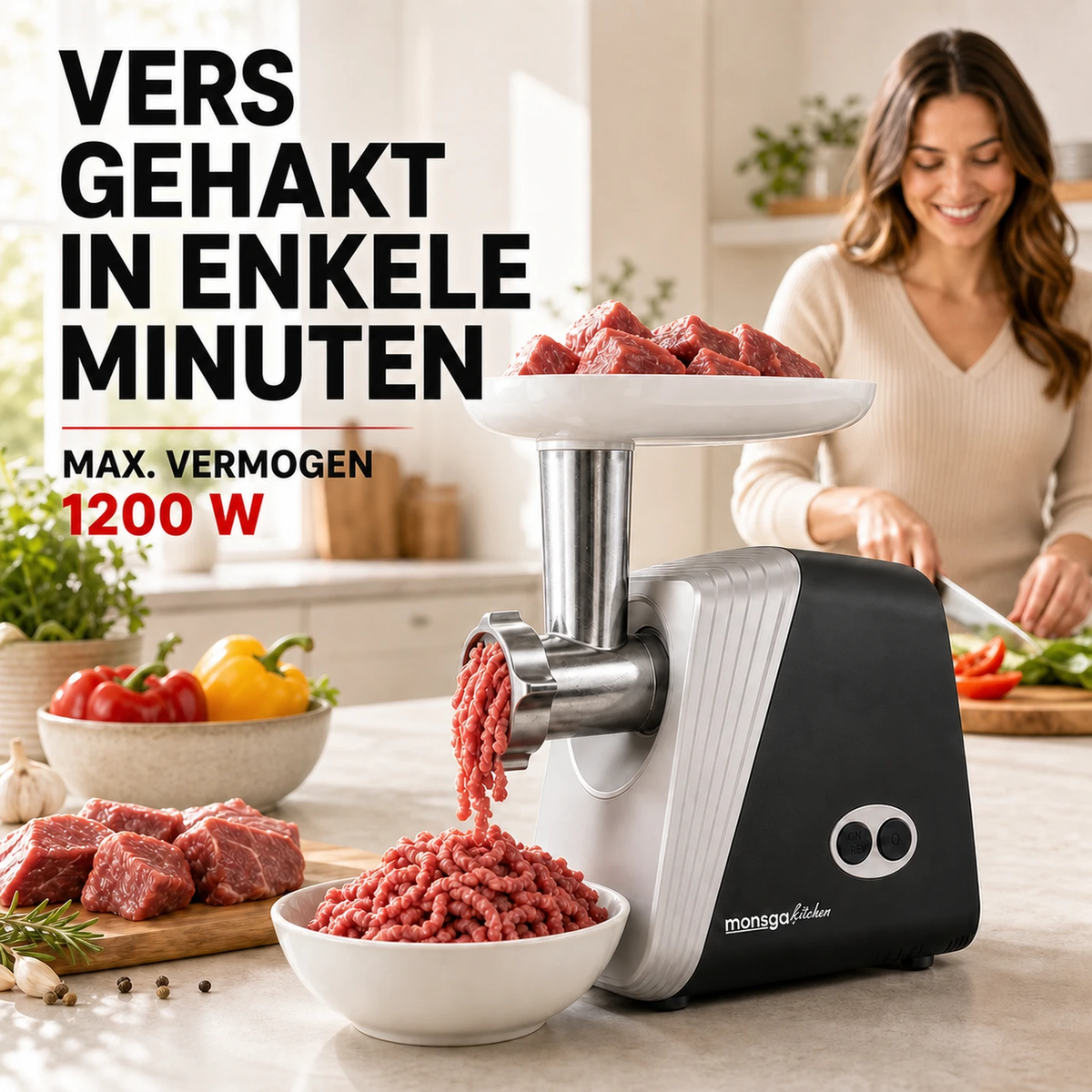 MONSGA G100 Electric Meat Grinder, 300W Rated / 1200W Max, with 3 Grinding Plates, Sausage, Kibbe & Cookie Attachments