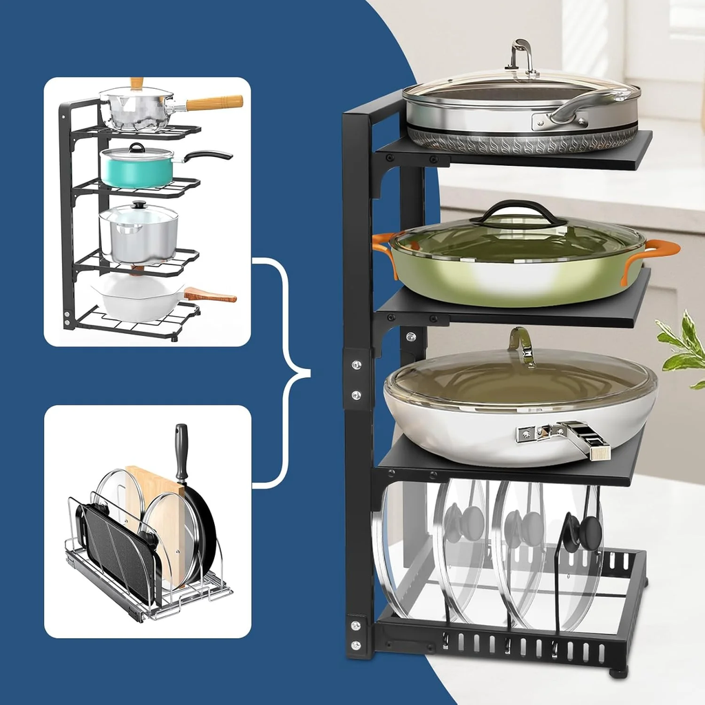 Pot Rack Organizers:4-Tier Adjustable Heavy Duty Pan Organizer for Cabinet ，Multiple Use Modes，Pot Rack & Pan Rack for Kitchen Counter and Cabinet