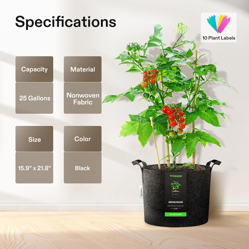Fabric Grow Bags with Handles, Thickened Breathable Plant Pots, Nonwoven Garden Planters for Vegetables, Flowers, Indoor & Outdoor Gardening