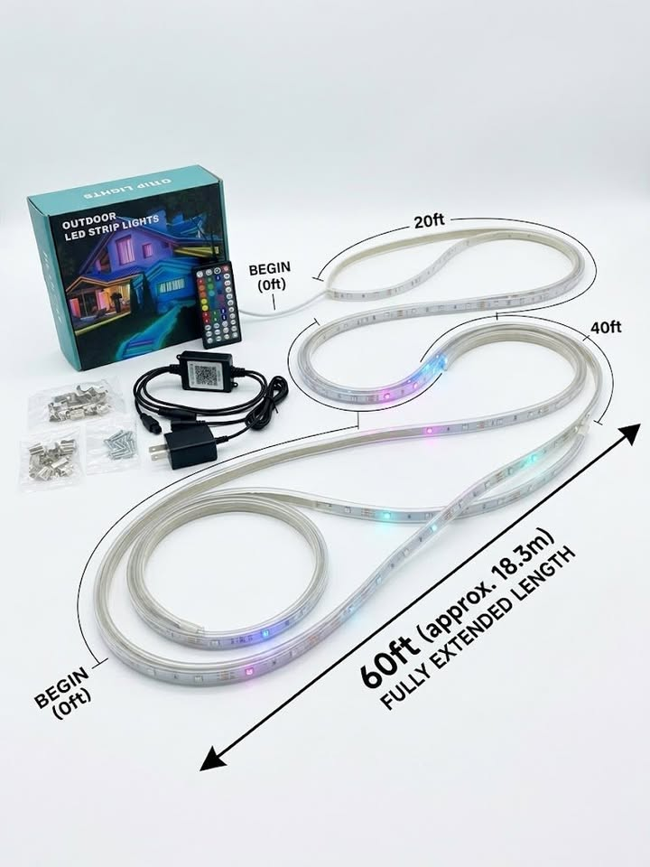 60ft Outdoor RGB LED Strip Lights with Bluetooth App Control, Remote & Music Sync