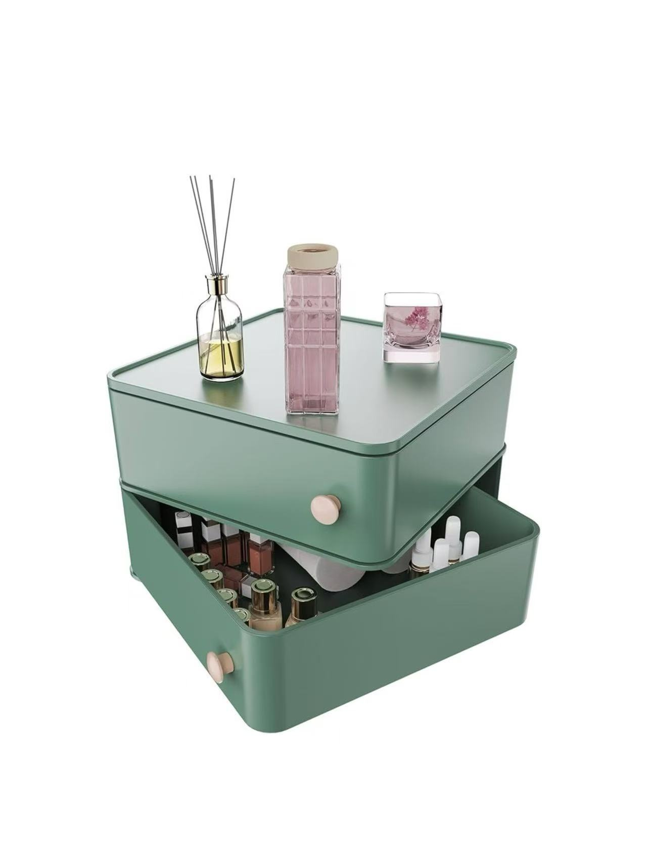 Rotating Makeup Organizer with Drawers – Stackable Cosmetic Storage Box, 360° Rotating Vanity Organizer for Skincare, Jewelry & Bathroom Countertop