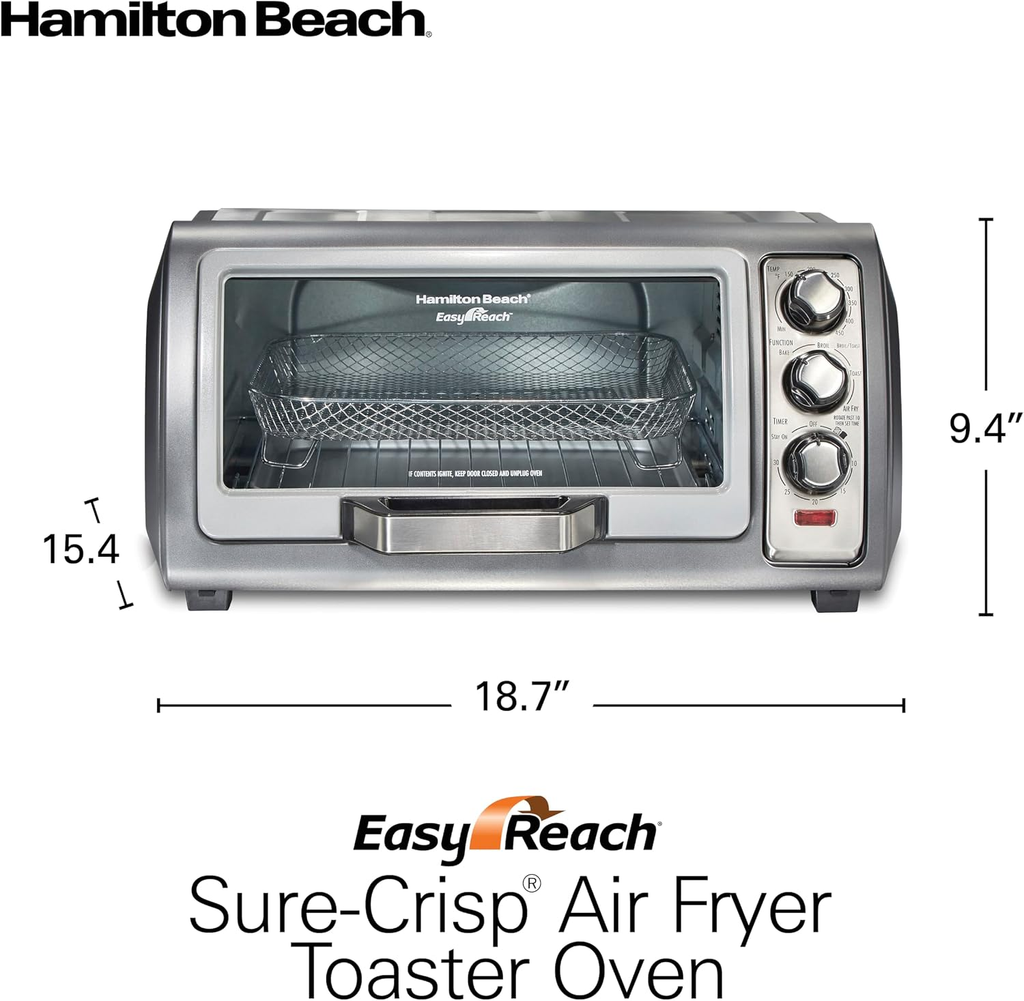 Open Box Hamilton Beach Sure-Crisp Air Fryer Toaster Oven with Easy Reach Door, 6-Slice Capacity, Bake, Broil & Toast Functions - Stainless Steel