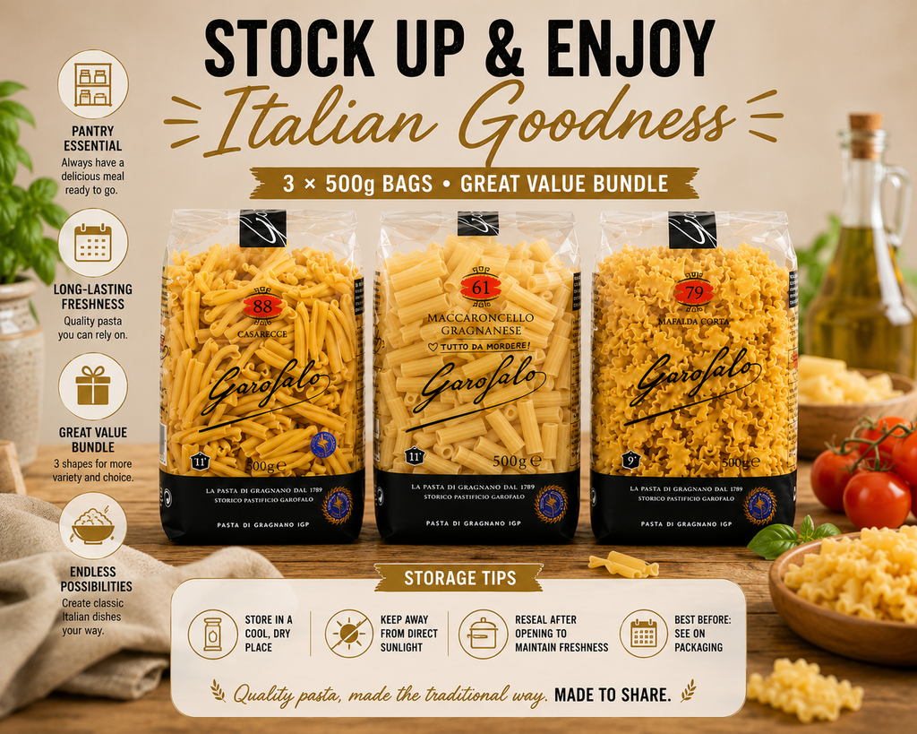 Garofalo Pasta Variety Pack, 3 × 500g, Casarecce No.88, Maccaroncello Gragnanese No.61 & Mafalda Corta No.79, Durum Wheat Semolina Pasta Bundle