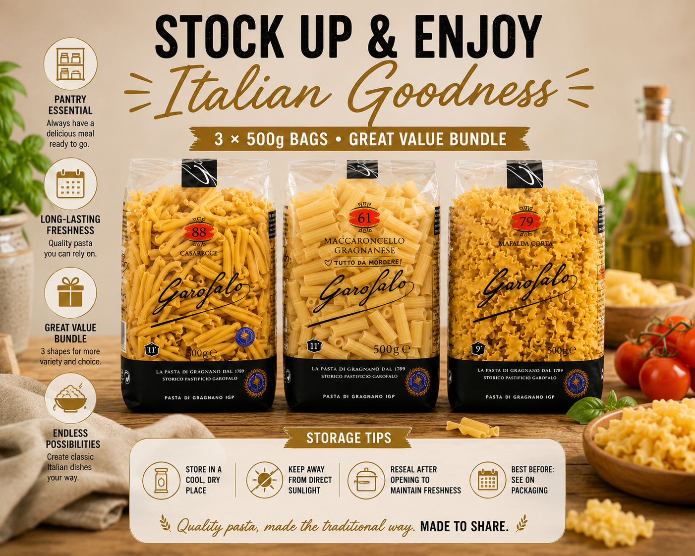 Garofalo Pasta Variety Pack, 3 × 500g, Casarecce No.88, Maccaroncello Gragnanese No.61 & Mafalda Corta No.79, Durum Wheat Semolina Pasta Bundle