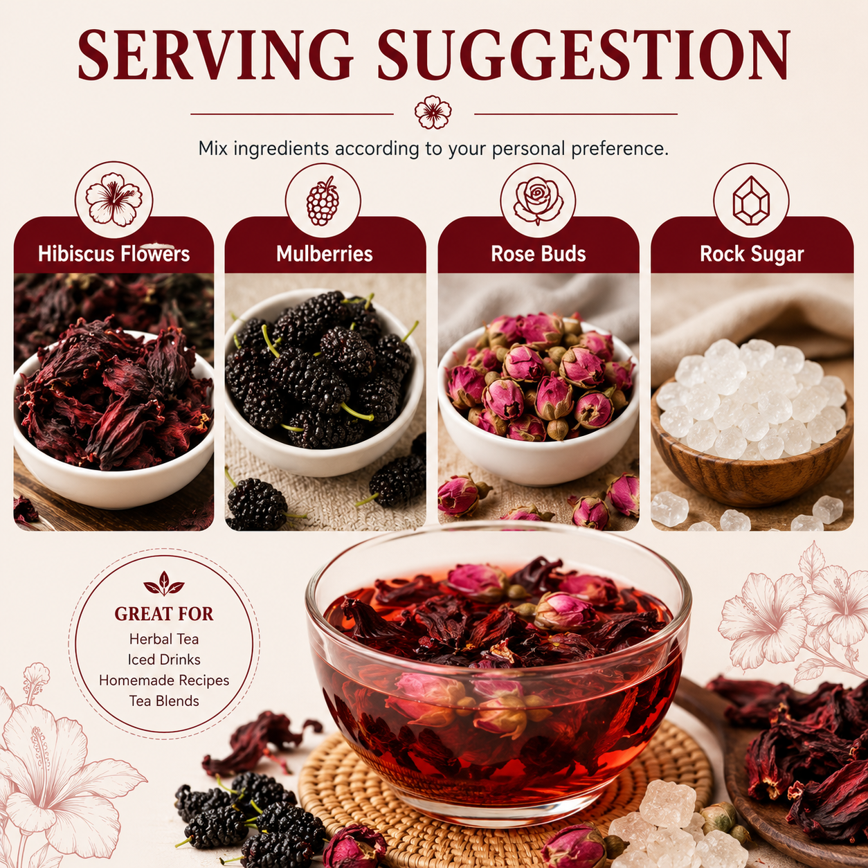 Dried Hibiscus Flowers 227g (8oz / 1/2lb) | Loose Herbal Tea Ingredient