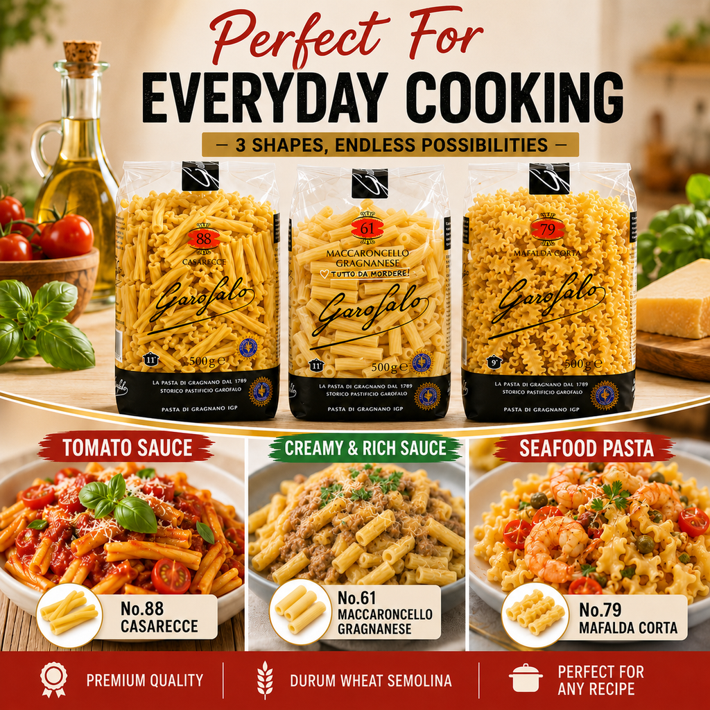 Garofalo Pasta Variety Pack, 3 × 500g, Casarecce No.88, Maccaroncello Gragnanese No.61 & Mafalda Corta No.79, Durum Wheat Semolina Pasta Bundle