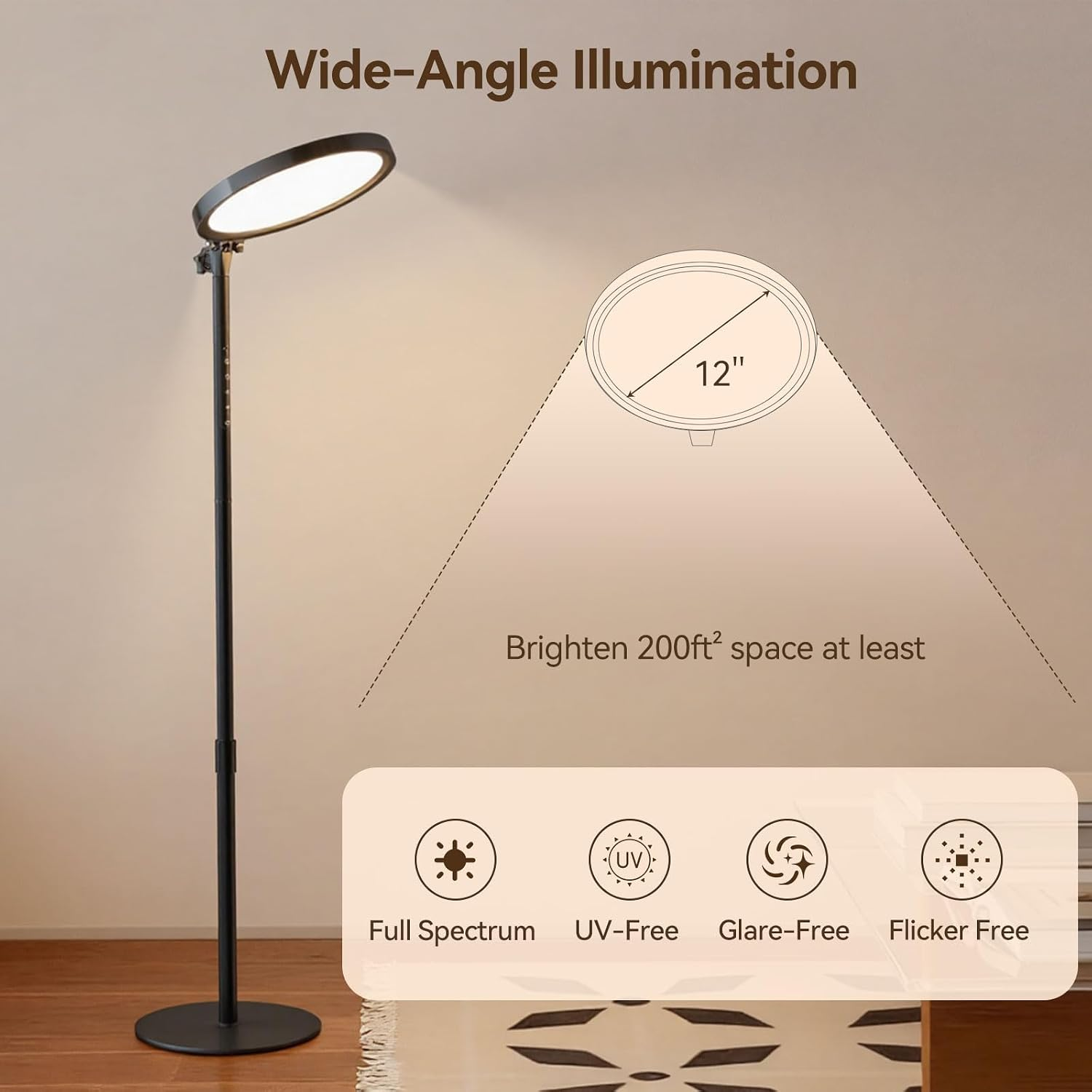12000 Lux UV-Free Full Spectrum Floor Lamp with Remote, Touch Control, Adjustable Height, Timer, 4 Color Temperatures & 5 Brightness Levels