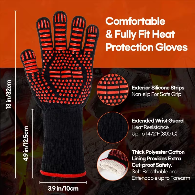 BBQ Heat Resistant Grill Gloves (2 Pack) – 1472°F Extreme Heat Protection, Non-Slip Silicone Cooking Gloves for BBQ, Oven, Fireplace & Welding