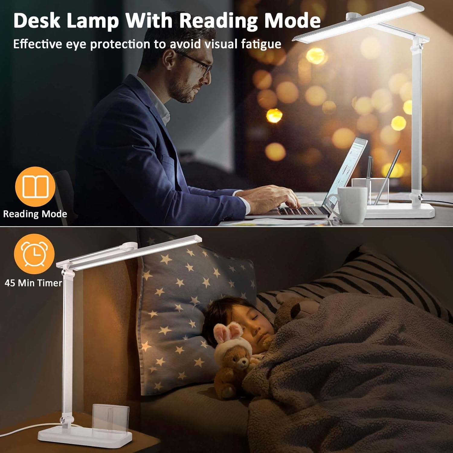 Silver White LED Desk Lamp with USB Charging Port – Adjustable Touch Control Table Lamp