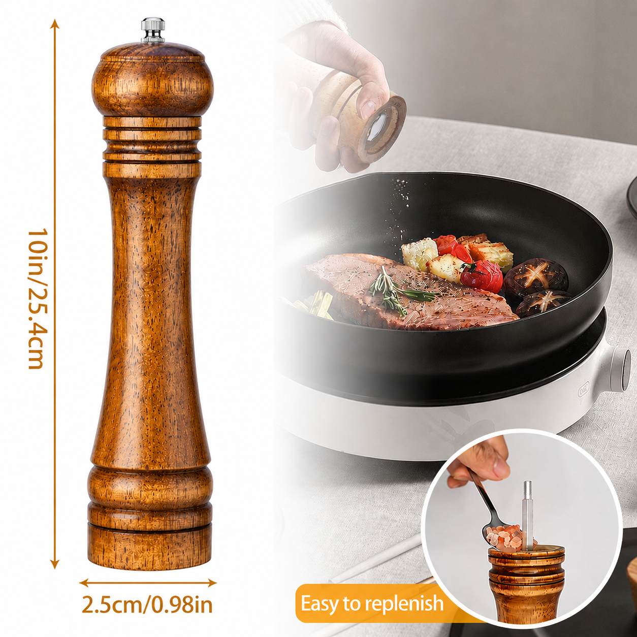 Wood Pepper Mill Grinder Adjustable Ceramic Core Salt & Pepper Grinder Refillable Oak Wood Mill 5in8in10in