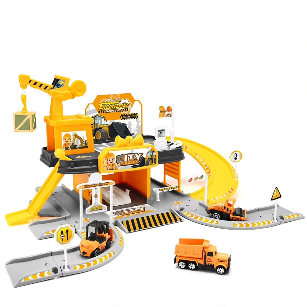 Construction Vehicle Parking Garage Playset with 3 Metal Cars, Track Ramp Building Set, Light & Sound Toy, Ages 3+
