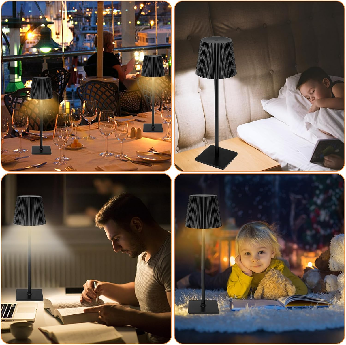Cordless Rechargeable LED Table Lamps, Set of 2, Touch Dimmable, 3 Light Colours, IP54 Water-Resistant – Black