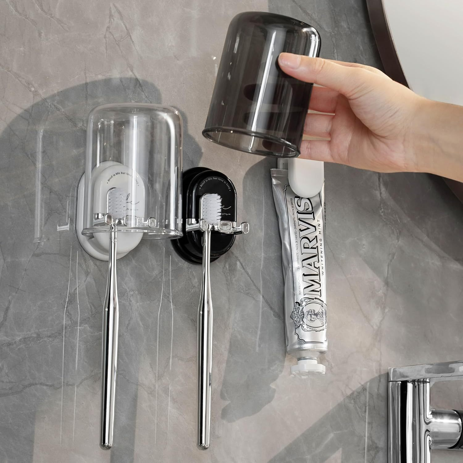 Multifunctional Wall Mounted Toothbrush Holder with Cup – Suction Bathroom Organizer for Toothbrush and Toothpaste