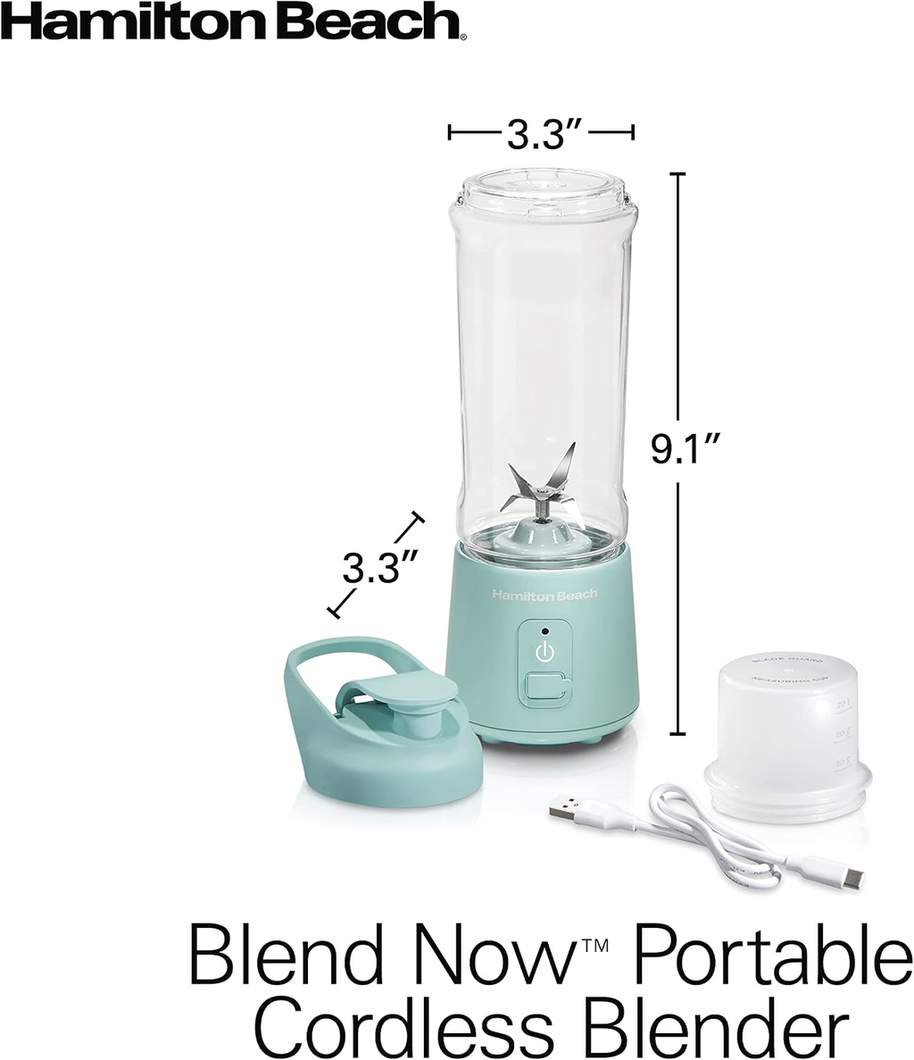 Hamilton Beach Blend Now Portable Cordless Blender with USB Rechargeable Battery, 16oz Travel Jar & Sip-Through Lid - Blue