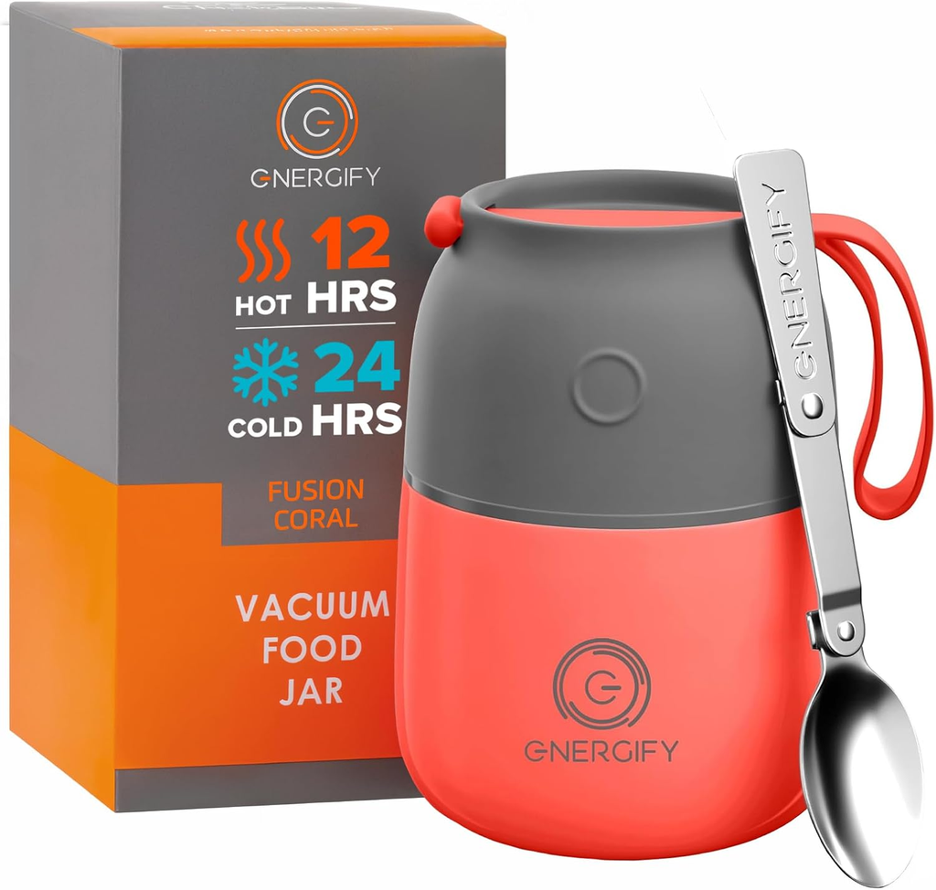 Energify 12 oz Vacuum Insulated Stainless Steel Food Jar with Folding Spoon – Coral Red or Mint Green