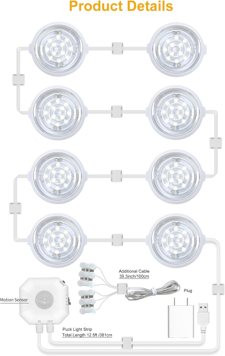 8-Pack LED Under-Cabinet Puck Lights with Motion Sensor, USB-Powered Cabinet and Closet Lighting, 3 Colour Modes, White
