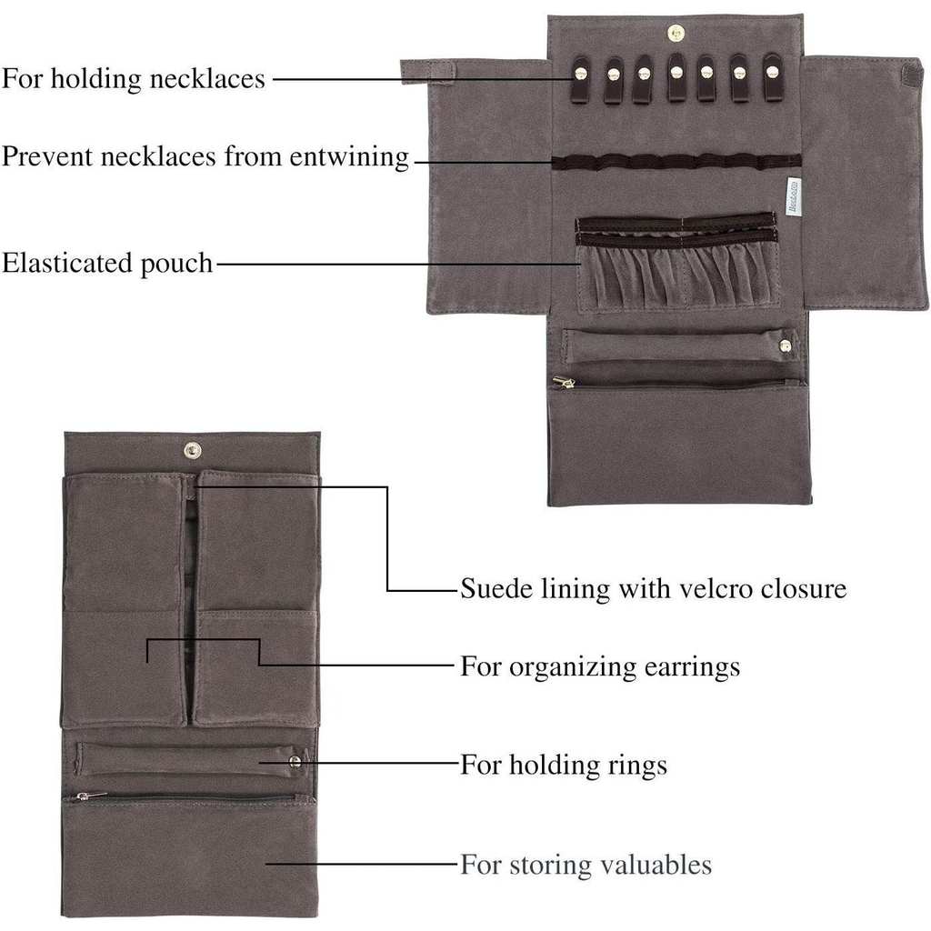 Luxury Jewelry Organizer Roll Travel Case for Necklaces, Rings & Bracelets – Portable Leather & Suede Jewelry Storage